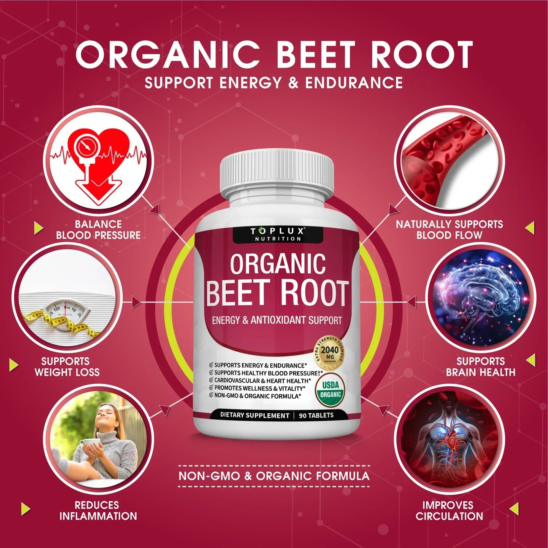 Organic Beet Root Powder Tablets 2040mg – Energy & Circulation Support (90 Ct)