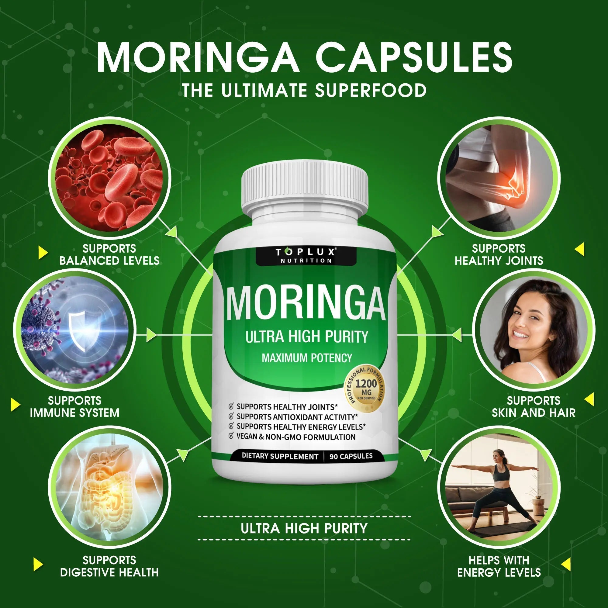 Moringa Capsules 1200mg — Immune & Digestive Superfood (90 Capsules)