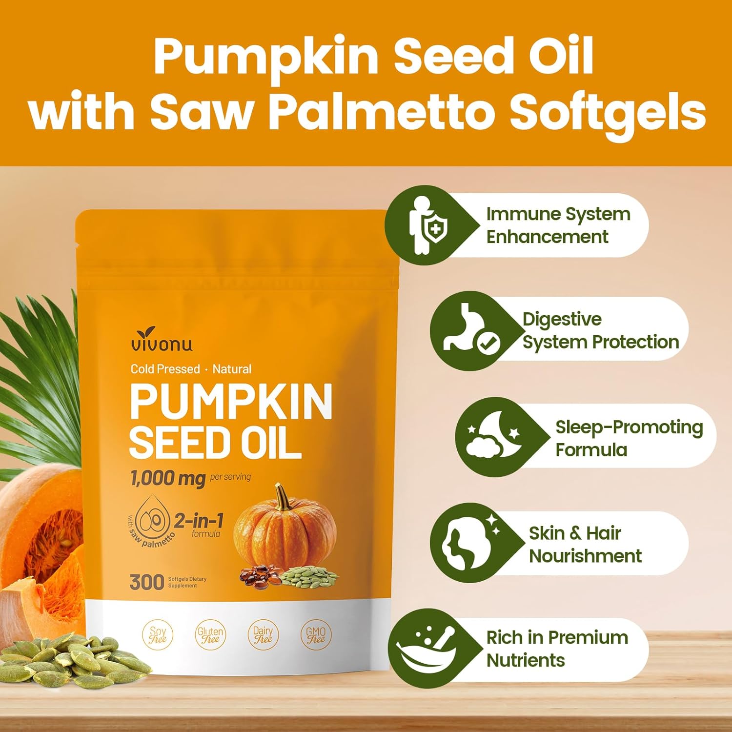 Pumpkin Seed & Saw Palmetto Oil Softgels | Dual-Herb Support for Hair Growth, Bladder & Prostate Health300Count