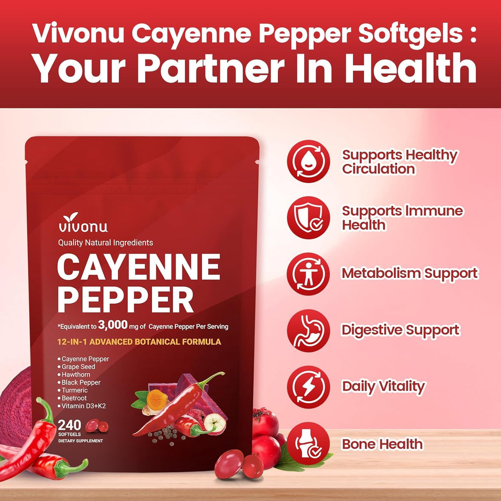 Cayenne Pepper Softgels Supplement, Supports Leg Vein, Heart and Blood Vessel Health, with Vitamin E D3+K2 and Beetrootand Others(3PACKS)