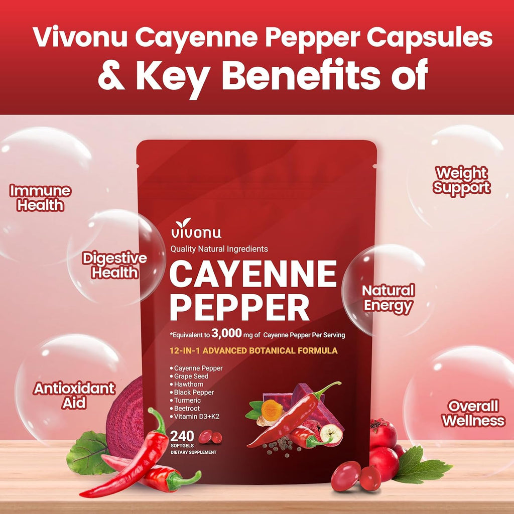 Cayenne Pepper Softgels Supplement, Supports Leg Vein, Heart and Blood Vessel Health, with Vitamin E D3+K2 and Beetrootand Others(3PACKS)