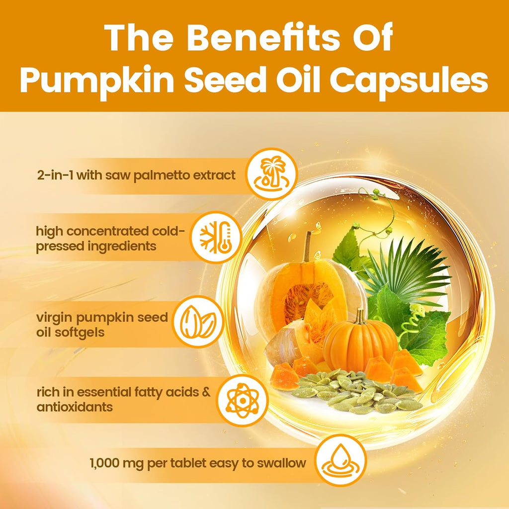 Pumpkin Seed & Saw Palmetto Oil Softgels | Dual-Herb Support for Hair Growth, Bladder & Prostate Health300Count