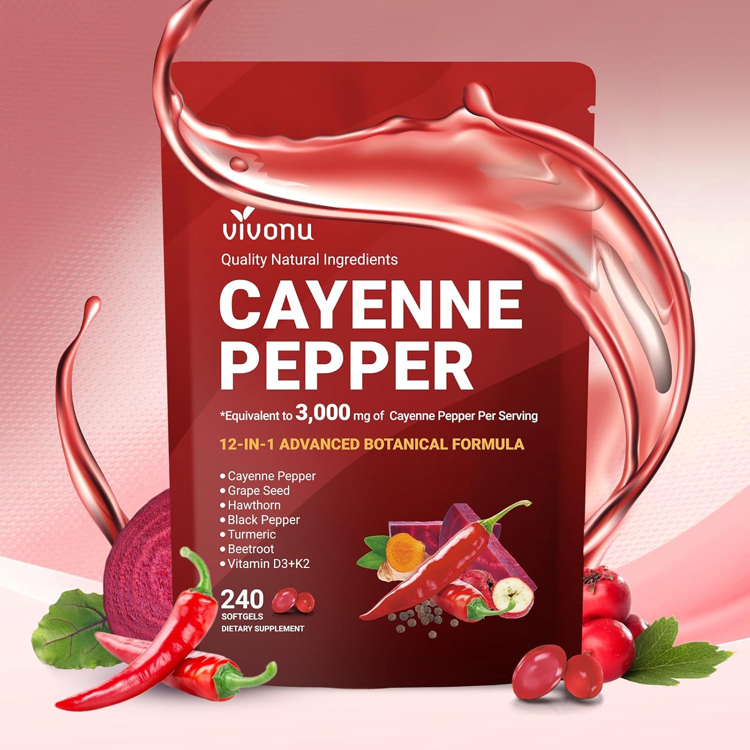 Cayenne Pepper Softgels Supplement, Supports Leg Vein, Heart and Blood Vessel Health, with Vitamin E D3+K2 and Beetrootand Others(3PACKS)