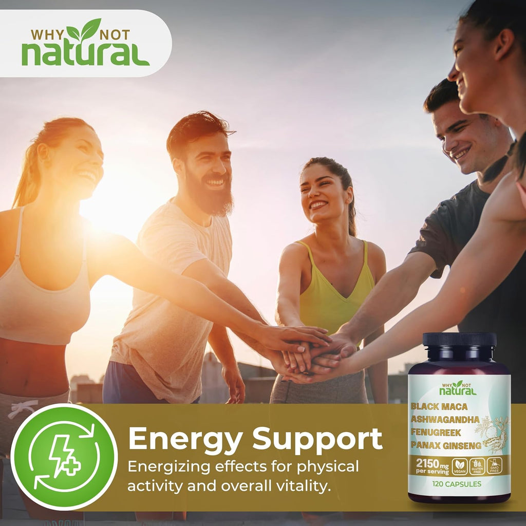 Why Not Natural 4-in-1 Organic Black Maca Root, Ashwagandha, Fenugreek, Panax Ginseng Capsules, Supplement for Men and Women